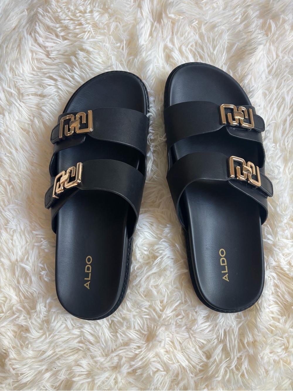 ALDO Black Platform Slide Sandals Gold Buckle Detail Women’s Size 10